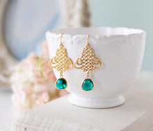 Load image into Gallery viewer, Gold and Emerald Green Earrings, Celtic Knot Earrings, Gold Filigree, Emerald Wedding Jewelry, May Birthstone, Gift for Mom Wife Girlfriend
