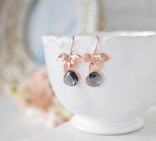 Load image into Gallery viewer, Rose Gold Gray Earrings, Charcoal Smokey Quartz Earrings, Orchid Flower Dangle Earrings, Gray Drop Earrings, Bridesmaid Gift, Gift for Her
