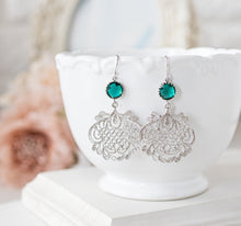 Load image into Gallery viewer, Emerald Green Earrings, Silver Filigree Earrings, May Birthstone, Birthday Gift for Women, Emerald Wedding Bridesmaid Earrings, Dark Green
