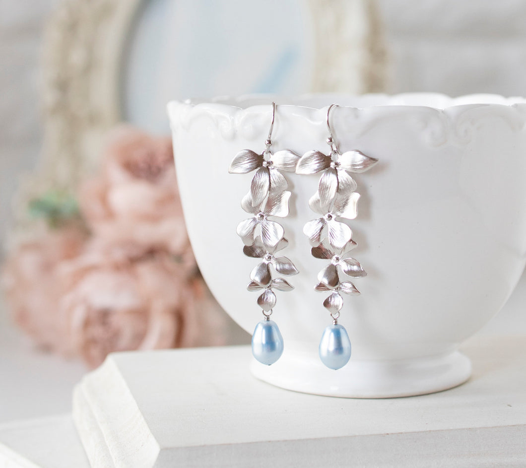 Powder Blue Baby Blue Teardrop Pearl Earrings, Silver Flowers long Dangle Earrings, Something Blue Wedding, Soft Blue Light Blue Earrings