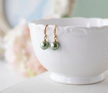 Load image into Gallery viewer, Sage Green Pearl Earrings with Gold Cubic Zirconia hooks, Sage Green Wedding Jewelry, Bridal Party Bridesmaid Gift,  Green drop Earrings
