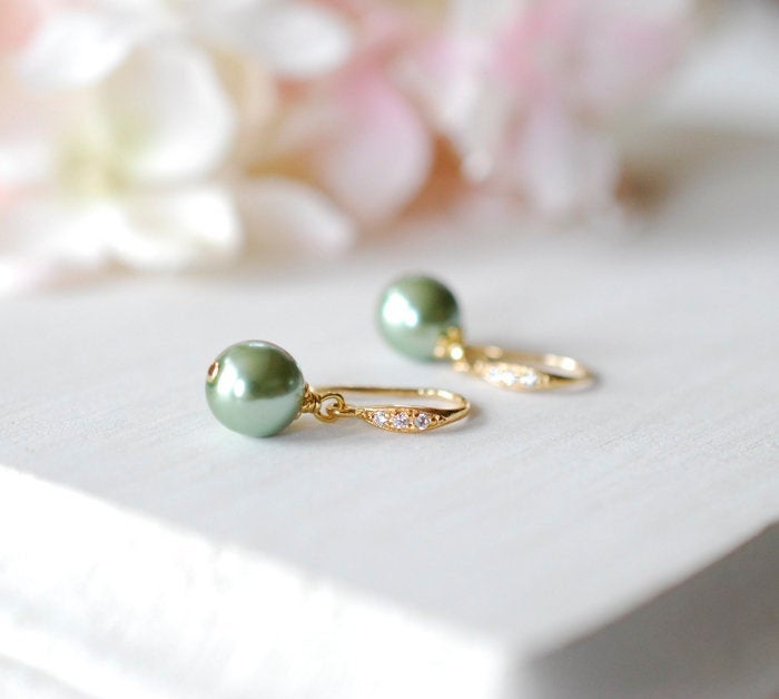 Sage Green Pearl Earrings with Gold Cubic Zirconia hooks, Sage Green Wedding Jewelry, Bridal Party Bridesmaid Gift,  Green drop Earrings