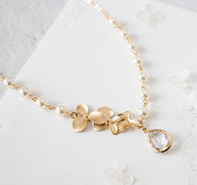 Load image into Gallery viewer, Cream White Pearl Clear Teardrop Crystal Gold Flower Blossoms Bridal Necklace, Wedding Jewelry, Bridal Pearl Necklace, Clear Crystal pendant
