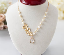 Load image into Gallery viewer, Cream White Pearl Clear Teardrop Crystal Gold Flower Blossoms Bridal Necklace, Wedding Jewelry, Bridal Pearl Necklace, Clear Crystal pendant
