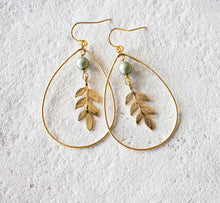 Load image into Gallery viewer, Large Gold Teardrop Hoop Earrings, Leaf Earrings, Sage Green Matte Pearl Earrings, Boho BoHemian Earrings, Nature Inspired, Gift for Women
