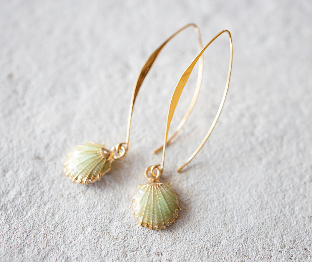 Green Seashell Earrings, Enamel Gold Seashell, Long Dangle Gold Earrings, Ocean Sea Inspired, Beach Jewelry, Beach Wedding Gift, Mermaid