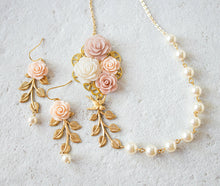 Load image into Gallery viewer, Pastel Pink white flower Blossoms collage necklace, Gold leaf Branch Swallow Bird cream white pearl Necklace, Vintage Wedding Bridal Jewelry
