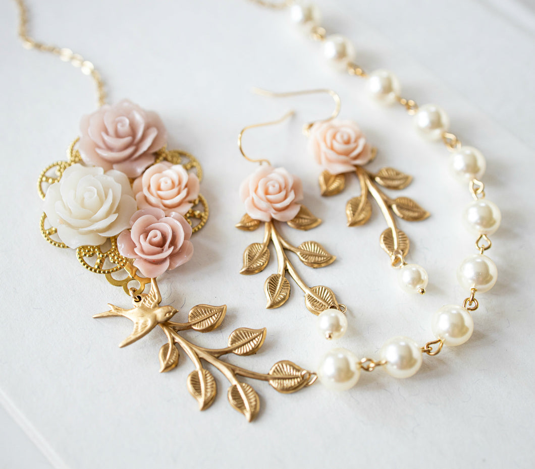 Pastel Pink white flower Blossoms collage necklace, Gold leaf Branch Swallow Bird cream white pearl Necklace, Vintage Wedding Bridal Jewelry