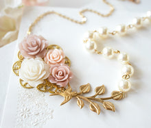 Load image into Gallery viewer, Pastel Pink white flower Blossoms collage necklace, Gold leaf Branch Swallow Bird cream white pearl Necklace, Vintage Wedding Bridal Jewelry
