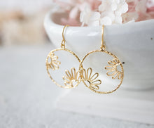 Load image into Gallery viewer, Gold Floral Hoop Earrings, Circle Earrings, Daisy Flower Dangle Earrings, Floral Filigree Earrings, Boho Earrings, Gift for girls
