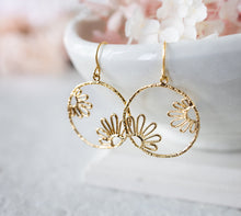 Load image into Gallery viewer, Gold Floral Hoop Earrings, Circle Earrings, Daisy Flower Dangle Earrings, Floral Filigree Earrings, Boho Earrings, Gift for girls
