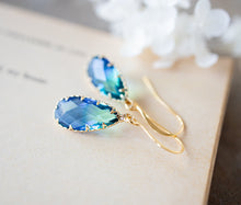 Load image into Gallery viewer, Green and Blue Earrings, Two Tone Vintage Glass Earrings, Gold Dangle Earrings, Teardrop Glass Jewel Earrings, Sparkly Crystal Earrings
