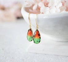 Load image into Gallery viewer, Red and Green Earrings, Vintage Glass Jewel Earrings, Gold Drop Earrings, Teardrop Crystal Earrings, Gift for Women
