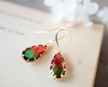 Load image into Gallery viewer, Red and Green Earrings, Vintage Glass Jewel Earrings, Gold Drop Earrings, Teardrop Crystal Earrings, Gift for Women
