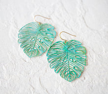 Load image into Gallery viewer, Gold Monstera Earrings, Large Leaf Earrings, Statement Earrings, Boho Bohemian Earrings, Botanical Woodland Jewelry, Gift for Women for her
