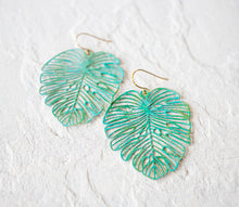 Load image into Gallery viewer, Monstera Leaf Earrings, Verdigris Patina Statement Earrings, Large Green Blue Filigree Brass Leaf, Botanical,Woodland Jewelry, Gift for Her
