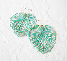 Load image into Gallery viewer, Gold Monstera Earrings, Large Leaf Earrings, Statement Earrings, Boho Bohemian Earrings, Botanical Woodland Jewelry, Gift for Women for her
