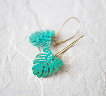 Load image into Gallery viewer, Monstera Earrings, Green Blue Verdigris Leaf Earrings, Boho turquoise leaf Earrings, Bohemian Jewelry, Gift for girlfriend Wife Daughter
