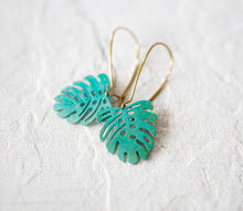 Load image into Gallery viewer, Monstera Earrings, Green Blue Verdigris Leaf Earrings, Boho turquoise leaf Earrings, Bohemian Jewelry, Gift for girlfriend Wife Daughter
