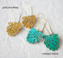 Load image into Gallery viewer, Monstera Earrings, Green Blue Verdigris Leaf Earrings, Boho turquoise leaf Earrings, Bohemian Jewelry, Gift for girlfriend Wife Daughter
