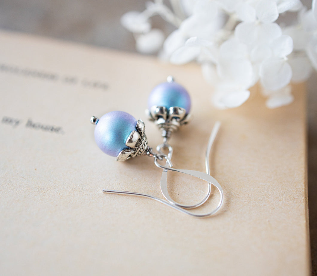 New! Swarovski Iridescent Light Blue Pearl Silver Earrings, Limited Edition, Blue and Purple, Vintage Style, Victorian, Medium Length