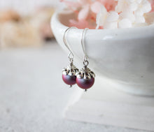 Load image into Gallery viewer, Burgundy Pearl Earrings, Iridescent Dark Red Pearl Dangle Earrings, Antiqued Silver Earrings, Vintage Burgundy Wedding Bridesmaid Gift
