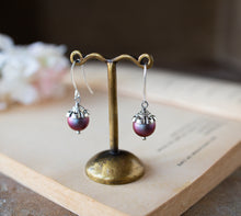 Load image into Gallery viewer, Burgundy Pearl Earrings, Iridescent Dark Red Pearl Dangle Earrings, Antiqued Silver Earrings, Vintage Burgundy Wedding Bridesmaid Gift
