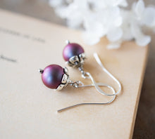 Load image into Gallery viewer, Burgundy Pearl Earrings, Iridescent Dark Red Pearl Dangle Earrings, Antiqued Silver Earrings, Vintage Burgundy Wedding Bridesmaid Gift
