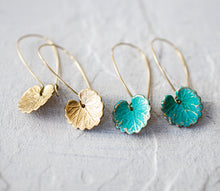 Load image into Gallery viewer, Lily Pad Earrings, Green Leaf Earrings, Turquoise Blue Verdigris Leaf Earrings, Boho Earrings, Bohemian, Gift for women mom daughter sister
