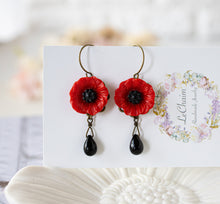 Load image into Gallery viewer, Poppy Flower Earrings, Red Flower Black Teardrop Glass Bead Dangle Earrings, Red and Black, Vintage Style, Gift for Her
