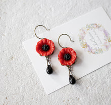 Load image into Gallery viewer, Poppy Flower Earrings, Red Flower Black Teardrop Glass Bead Dangle Earrings, Red and Black, Vintage Style, Gift for Her
