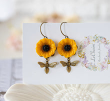 Load image into Gallery viewer, Yellow Poppy Flower Honey Bee Earrings, Mustard Yellow Black flower earrings, Spring Summer Jewelry, Gift for Girls Women, Vintage Style
