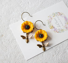 Load image into Gallery viewer, Yellow Poppy Flower Honey Bee Earrings, Mustard Yellow Black flower earrings, Spring Summer Jewelry, Gift for Girls Women, Vintage Style
