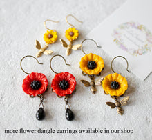 Load image into Gallery viewer, Yellow Poppy Flower Honey Bee Earrings, Mustard Yellow Black flower earrings, Spring Summer Jewelry, Gift for Girls Women, Vintage Style
