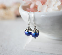 Load image into Gallery viewer, Blue Pearl Dangle Earrings, Silver Flower Top Iridescent Blue Pearl Drop Earrings, Vintage Wedding Bridesmaid Earrings, Victorian Style
