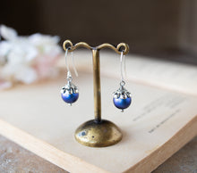 Load image into Gallery viewer, Blue Pearl Dangle Earrings, Silver Flower Top Iridescent Blue Pearl Drop Earrings, Vintage Wedding Bridesmaid Earrings, Victorian Style
