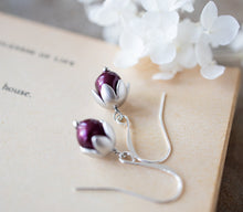 Load image into Gallery viewer, Burgundy Baroque Pearl Earrings, Silver Flower Bud Earrings, Dark Red Pearl, Burgundy Wedding Jewelry, Bridesmaid Gift, Flower Girl Gift
