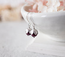 Load image into Gallery viewer, Burgundy Baroque Pearl Earrings, Silver Flower Bud Earrings, Dark Red Pearl, Burgundy Wedding Jewelry, Bridesmaid Gift, Flower Girl Gift
