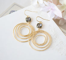 Load image into Gallery viewer, Gold Hoop Earrings with Gray Glass Stones, Gold Circle Earrings, Boho Earrings, Gift for Wife, Gift for Mom, Gift for Girlfriend for Sister
