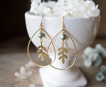 Load image into Gallery viewer, Large Gold Teardrop Hoop Earrings, Leaf Earrings, Sage Green Matte Pearl Earrings, Boho BoHemian Earrings, Nature Inspired, Gift for Women
