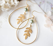 Load image into Gallery viewer, Large Gold Teardrop Hoop Earrings, Leaf Earrings, Sage Green Matte Pearl Earrings, Boho BoHemian Earrings, Nature Inspired, Gift for Women
