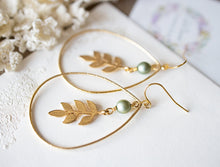 Load image into Gallery viewer, Large Gold Teardrop Hoop Earrings, Leaf Earrings, Sage Green Matte Pearl Earrings, Boho BoHemian Earrings, Nature Inspired, Gift for Women
