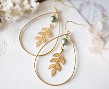 Load image into Gallery viewer, Large Gold Teardrop Hoop Earrings, Leaf Earrings, Sage Green Matte Pearl Earrings, Boho BoHemian Earrings, Nature Inspired, Gift for Women
