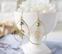 Load image into Gallery viewer, Large Gold Teardrop Hoop Earrings, Leaf Earrings, Sage Green Matte Pearl Earrings, Boho BoHemian Earrings, Nature Inspired, Gift for Women
