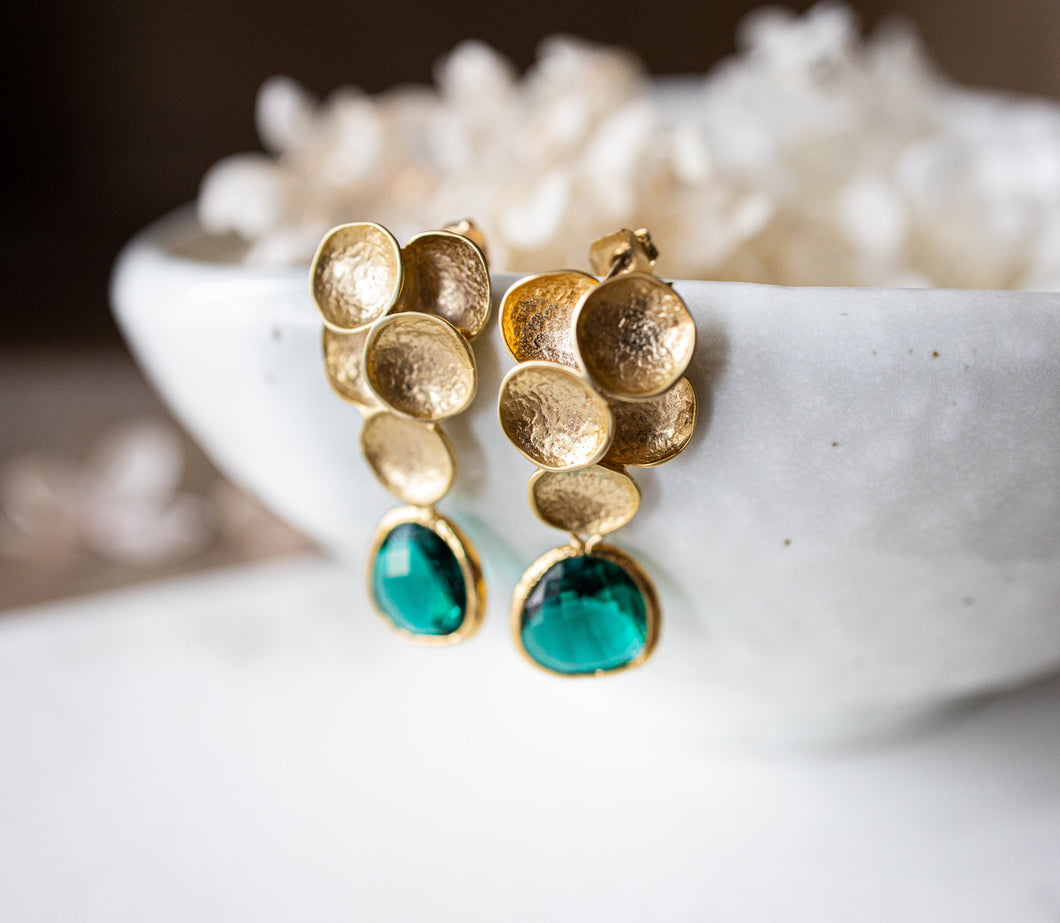 Emerald Green Post Earrings, Art Deco, Gold Circles Earrings, Bubble, May Birthstone, Emerald Wedding Jewelry, Bridal Earrings, Gift for mom