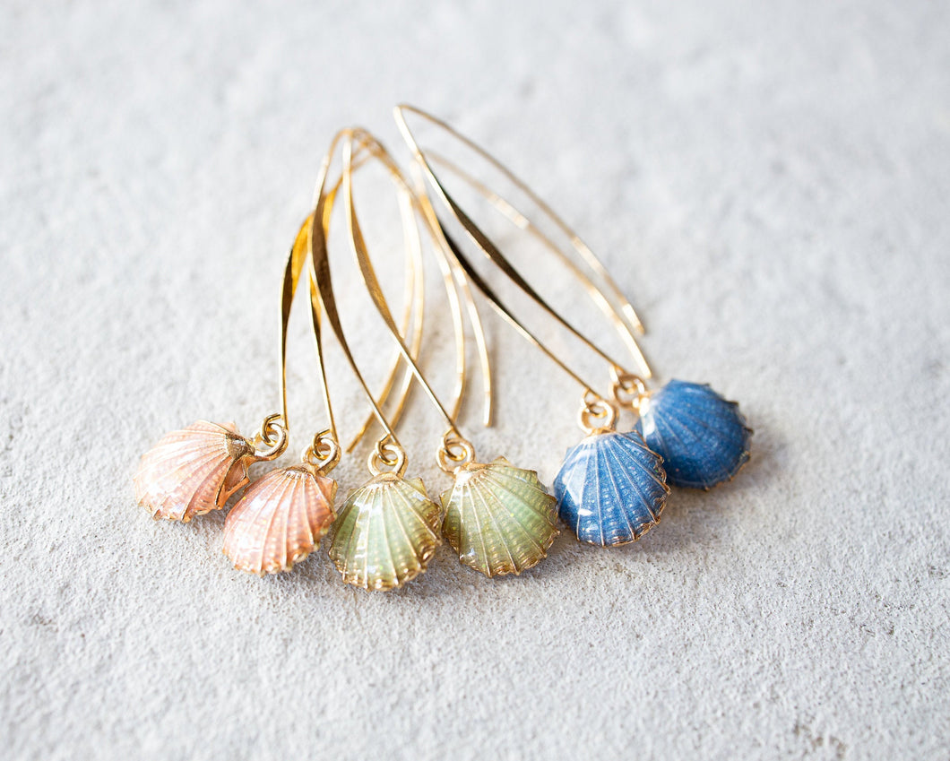 Seashell Earrings, Summer Jewelry, Beach Wedding Bridal Jewelry, Enamelled Gold SeaShell Earrings Available in Pink Blue Green, Gift for Her