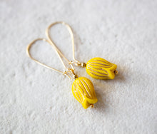 Load image into Gallery viewer, Yellow Tulip Earrings, Glass Flower Dangle Earrings, 16K Gold Kidney Ear wire, Gold Etched, Nature Inspired, Woodland, Botanical Jewelry
