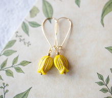 Load image into Gallery viewer, Yellow Tulip Earrings, Glass Flower Dangle Earrings, 16K Gold Kidney Ear wire, Gold Etched, Nature Inspired, Woodland, Botanical Jewelry
