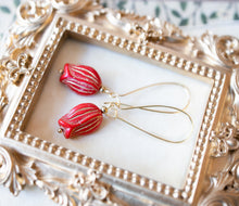 Load image into Gallery viewer, Red Tulip Earrings, Red Flower Dangle Earrings, Gold Etched Glass Tulip, Gift for Daughter, Gift for Girlfriend, Gift for wife,
