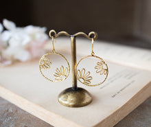 Load image into Gallery viewer, Gold Floral Hoop Earrings, Circle Earrings, Daisy Flower Dangle Earrings, Floral Filigree Earrings, Boho Earrings, Gift for girls
